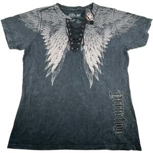 NWT Women's BLK Smoke Wash Affliction Angel Wings Lace Up Short Sleeve Shirt 2XL